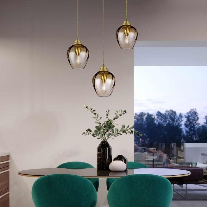 Elstead Lighting Tiber 1 Light Pendant - Brushed Brass/ Amber Glass