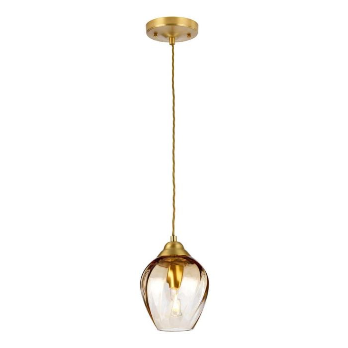 elstead lighting Tiber 1 Light Pendant - Brushed Brass/ Amber Glass