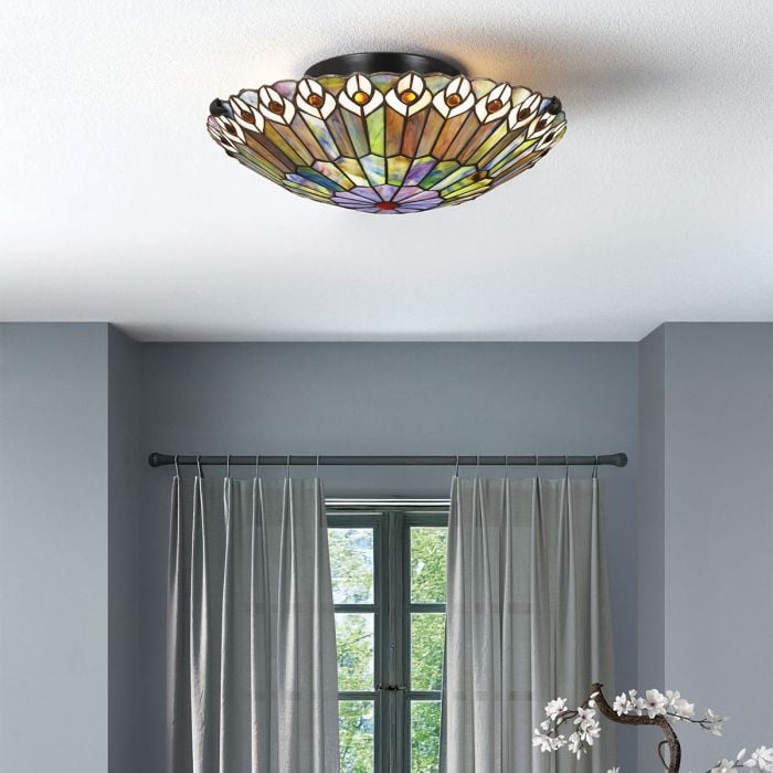 Elstead Lighting Watkins 2 Lt Tiffany Style Flush - Valiant Bronze & Art Glass Shade
