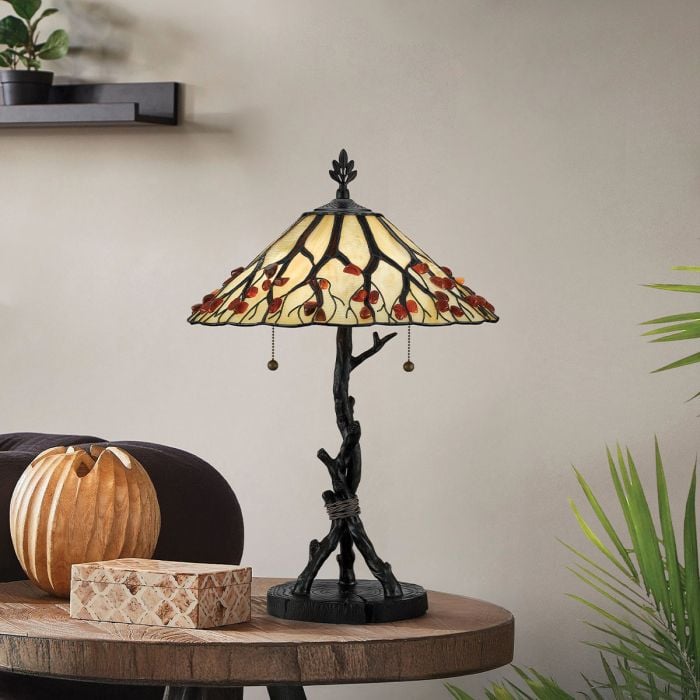 Elstead Lighting Whispering 2 Lt Tiffany Style Table Lamp - Valiant Bronze With Art Glass Shade