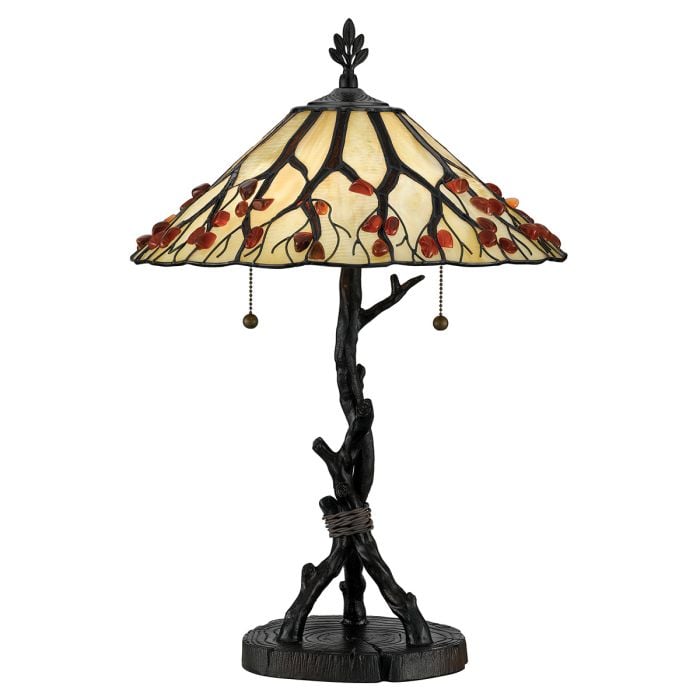 elstead lighting Whispering 2 lt Tiffany style Table Lamp - Valiant Bronze with Art Glass Shade