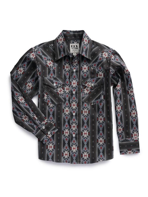 Ely Cattleman Boy's Ely Cattleman Long Sleeve Aztec Print Western Snap Shirt- Blue & Black