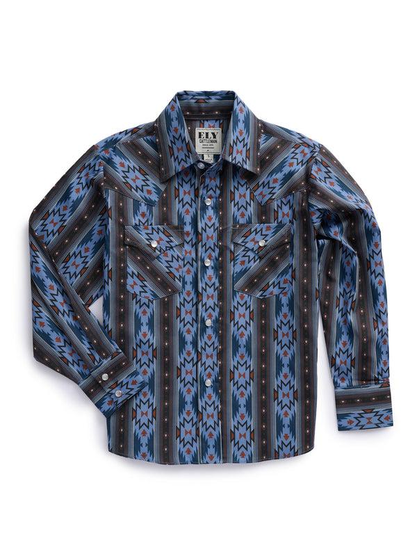 ely cattleman Boy's Ely Cattleman Long Sleeve Aztec Print Western Snap Shirt- Blue & Black