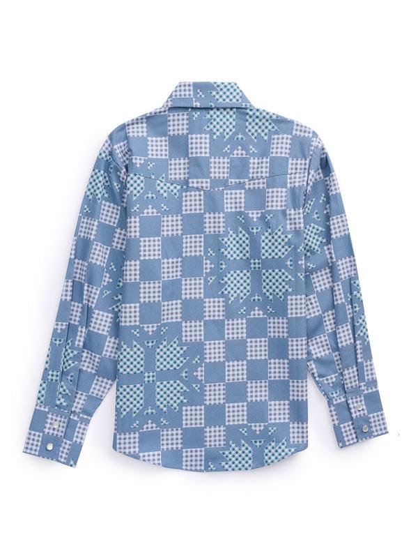 Ely Cattleman Boy's Ely Cattleman Long Sleeve Checkered Patchwork Print Snap Shirt- Denim Blue