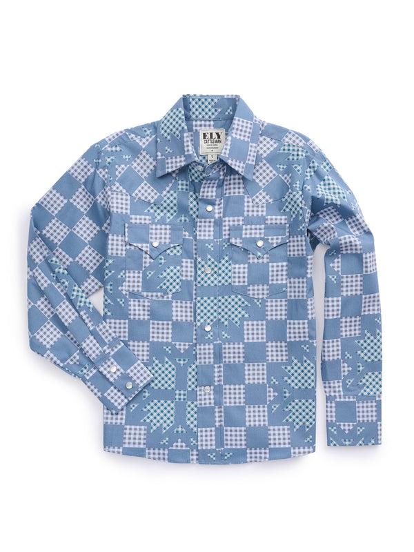 ely cattleman Boy's Ely Cattleman Long Sleeve Checkered Patchwork Print Snap Shirt- Denim Blue
