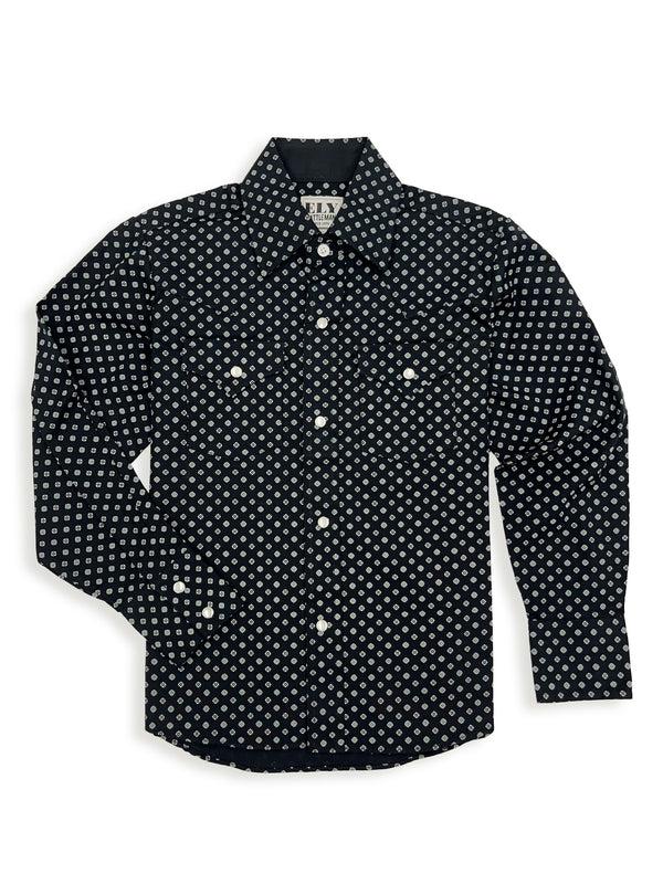 ely cattleman Boy's Ely Cattleman Long Sleeve Ditzy Print Western Snap Shirt- Black & Blue