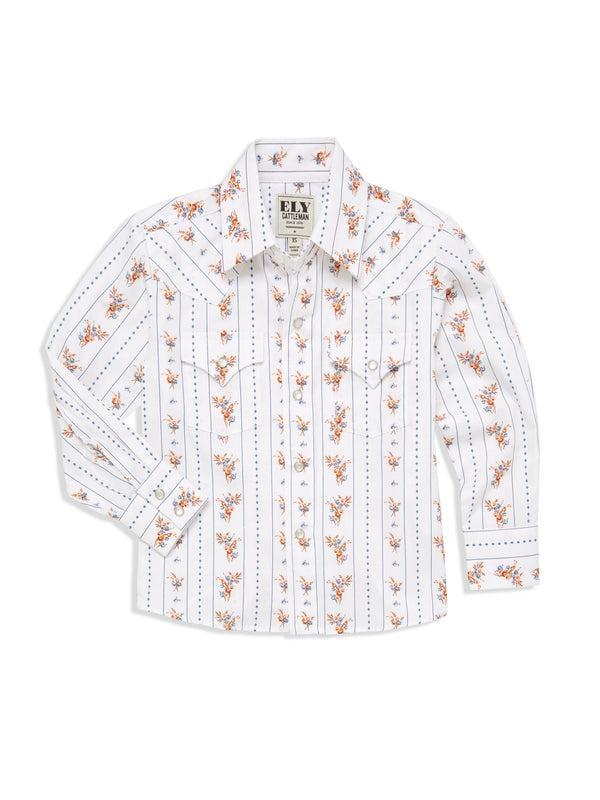Ely Cattleman Boy's Ely Cattleman Long Sleeve Floral Stripe Print Snap Shirt- Brown & White