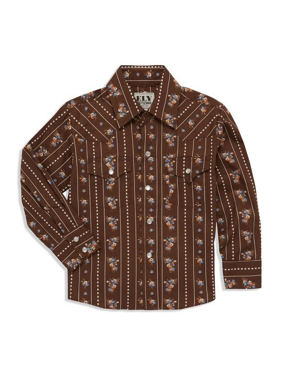 ely cattleman Boy's Ely Cattleman Long Sleeve Floral Stripe Print Snap Shirt- Brown & White