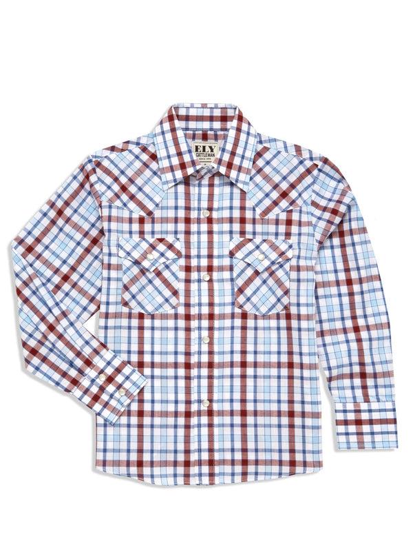 Ely Cattleman Boy's Ely Cattleman Long Sleeve Heritage Plaid Western Snap Shirt- Blue & White