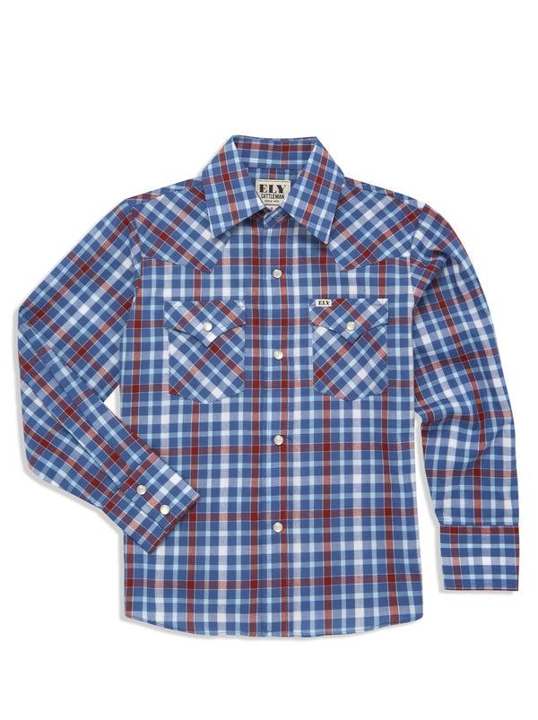 ely cattleman Boy's Ely Cattleman Long Sleeve Heritage Plaid Western Snap Shirt- Blue & White