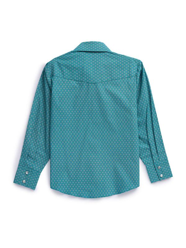 Ely Cattleman Boy's Ely Cattleman Long Sleeve Medallion Print Western Snap Shirt- Teal & Khaki