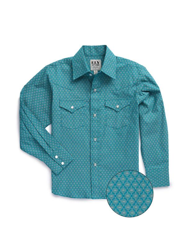 ely cattleman Boy's Ely Cattleman Long Sleeve Medallion Print Western Snap Shirt- Teal & Khaki