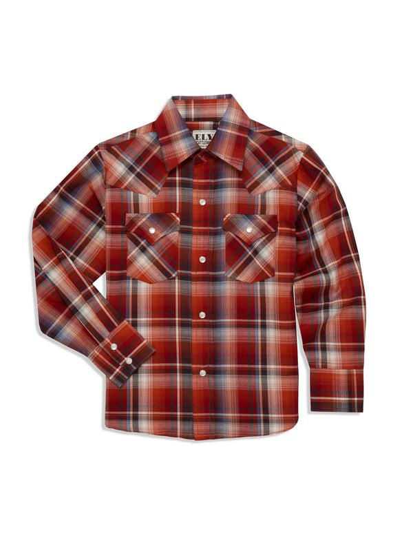 Ely Cattleman Boy's Ely Cattleman Long Sleeve Ombre Plaid Western Snap Shirt- Blue & Rust