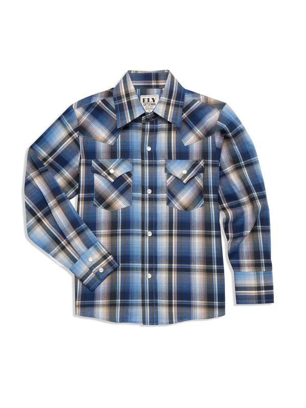 ely cattleman Boy's Ely Cattleman Long Sleeve Ombre Plaid Western Snap Shirt- Blue & Rust