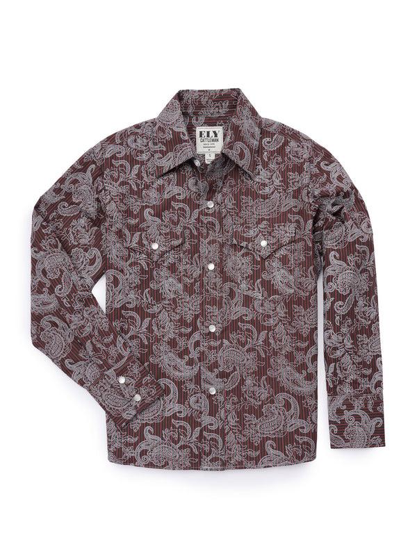 Ely Cattleman Boy's Ely Cattleman Long Sleeve Paisley Print Snap Shirt- Denim Blue & Burgundy