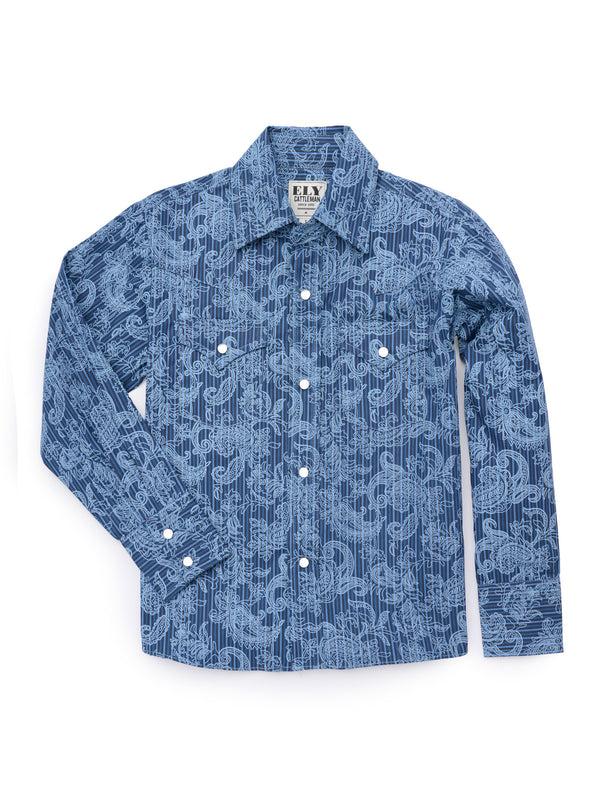ely cattleman Boy's Ely Cattleman Long Sleeve Paisley Print Snap Shirt- Denim Blue & Burgundy