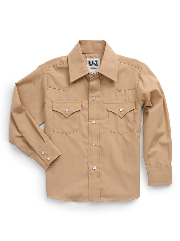 ely cattleman Boy's Ely Cattleman Long Sleeve Solid Tan Western Snap Shirt