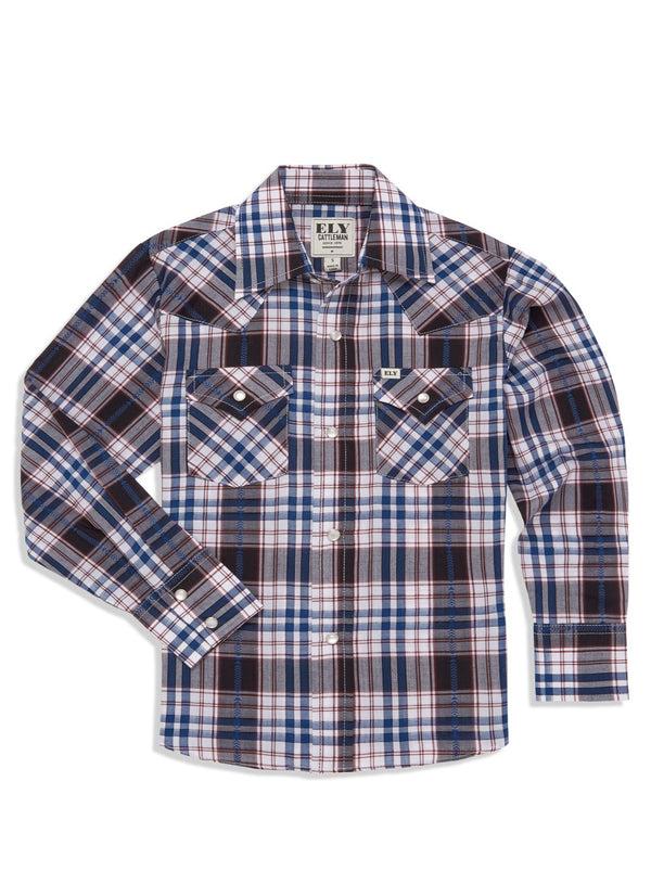 Ely Cattleman Boy's Ely Cattleman Long Sleeve Textured Aztec Plaid Western Snap Shirt- Black & Hunter Green