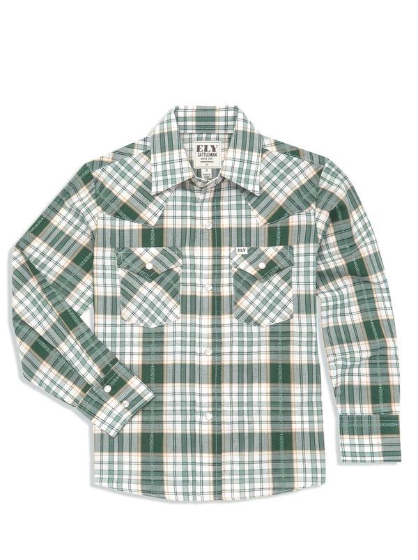 ely cattleman Boy's Ely Cattleman Long Sleeve Textured Aztec Plaid Western Snap Shirt- Black & Hunter Green