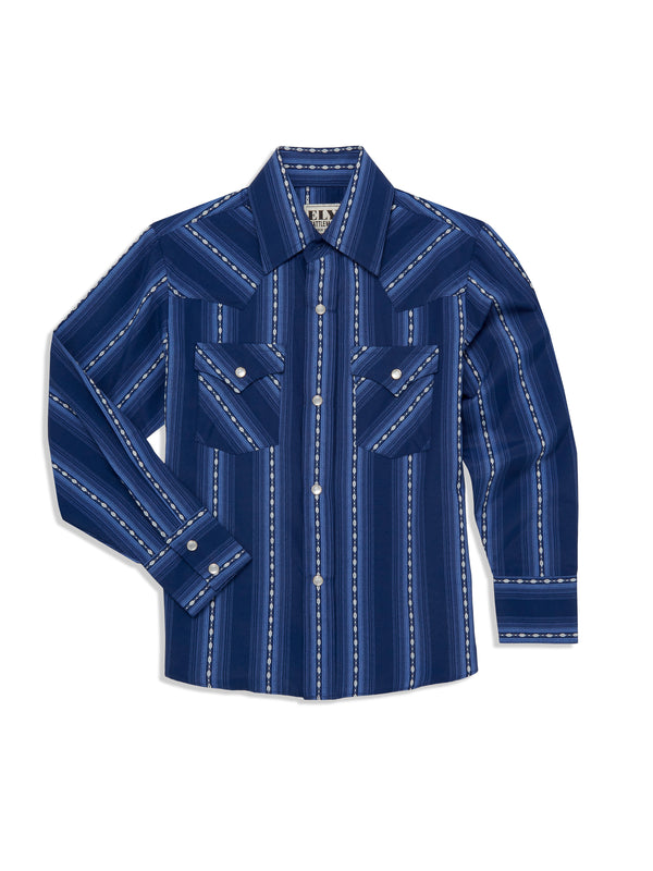 Ely Cattleman Boy's Ely Cattleman Long Sleeve Textured Aztec Stripe Western Snap Shirt- Black & Navy