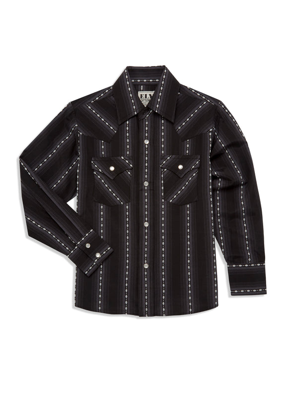 ely cattleman Boy's Ely Cattleman Long Sleeve Textured Aztec Stripe Western Snap Shirt- Black & Navy
