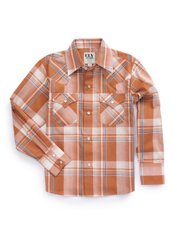 Ely Cattleman Boy's Ely Cattleman Long Sleeve Textured Plaid Western Snap Shirt- Navy & Rust