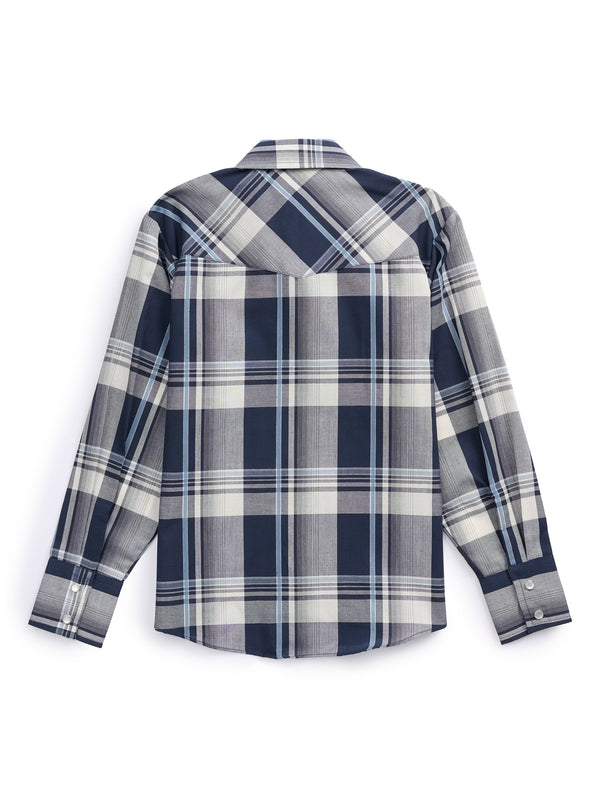 Ely Cattleman Boy's Ely Cattleman Long Sleeve Textured Plaid Western Snap Shirt- Navy & Rust