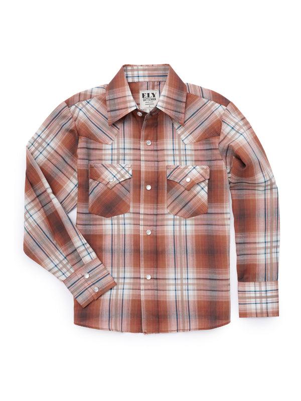ely cattleman Boy's Ely Cattleman Long Sleeve Textured Plaid Western Snap Shirt- Rust & Navy