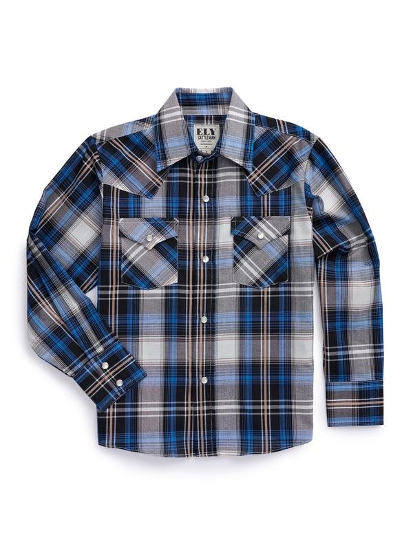 ely cattleman Boy's Ely Cattleman Long Sleeve Textured Plaid Western Snap Shirt- Blue & Burgundy