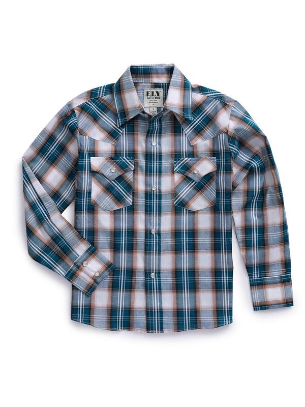 ely cattleman Boy's Ely Cattleman Long Sleeve Textured Plaid Western Snap Shirt- Teal & Khaki