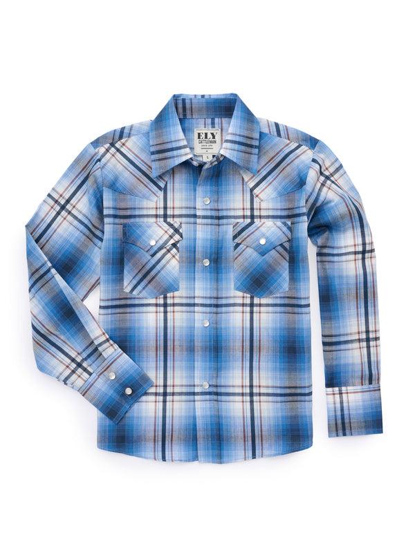 Ely Cattleman Boy's Ely Cattleman Long Sleeve Textured Plaid Western Snap Shirt- Rust & Navy