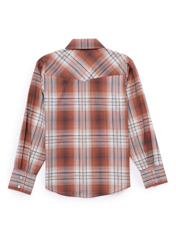 Ely Cattleman Boy's Ely Cattleman Long Sleeve Textured Plaid Western Snap Shirt- Rust & Navy