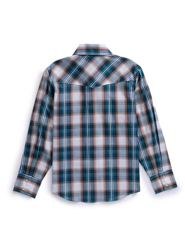 Ely Cattleman Boy's Ely Cattleman Long Sleeve Textured Plaid Western Snap Shirt- Teal & Khaki