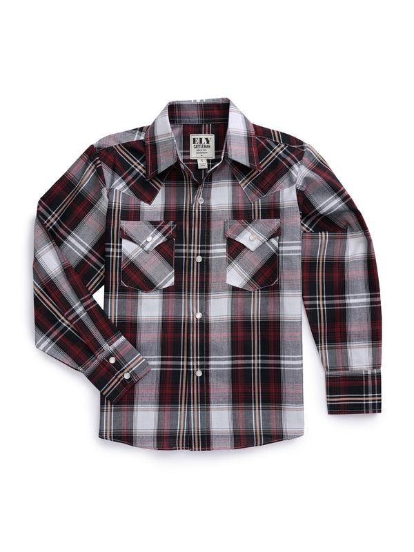 Ely Cattleman Boy's Ely Cattleman Long Sleeve Textured Plaid Western Snap Shirt- Blue & Burgundy