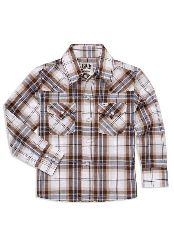 Ely Cattleman Boy's Ely Cattleman Long Sleeve Textured Plaid Western Snap Shirt- Blue & Brown
