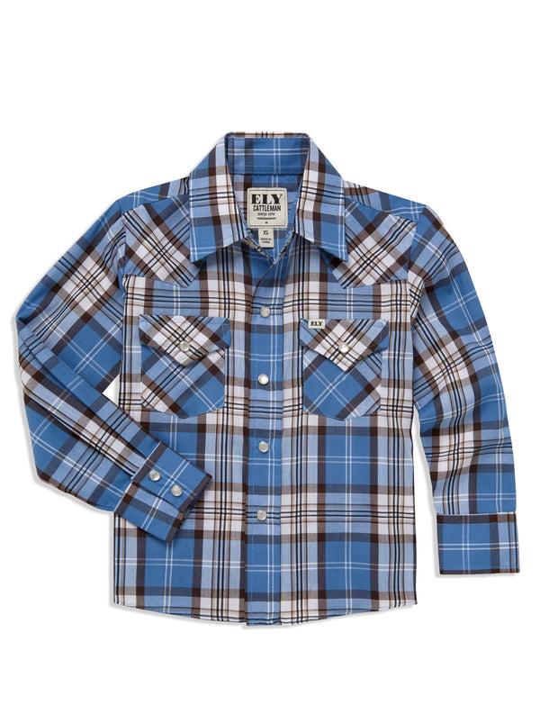 ely cattleman Boy's Ely Cattleman Long Sleeve Textured Plaid Western Snap Shirt- Blue & Brown