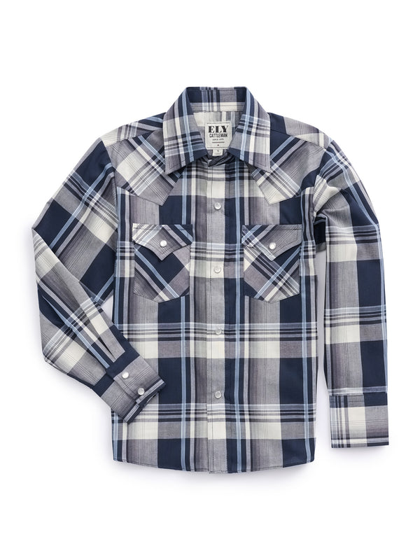 ely cattleman Boy's Ely Cattleman Long Sleeve Textured Plaid Western Snap Shirt- Navy & Rust