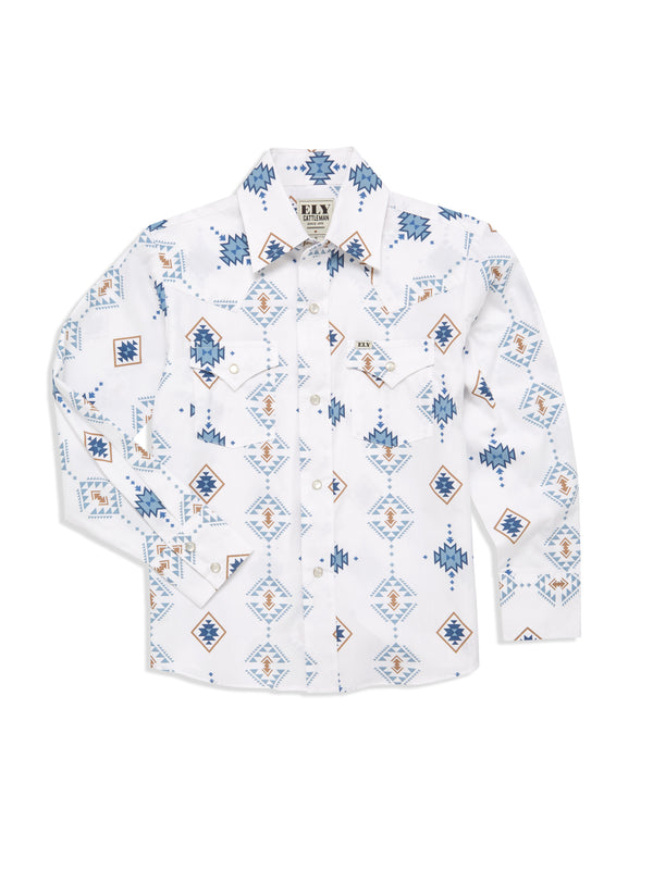 Ely Cattleman Boy's Ely Cattleman Long Sleeve Textured Southwestern Print Snap Shirt- Indigo & White