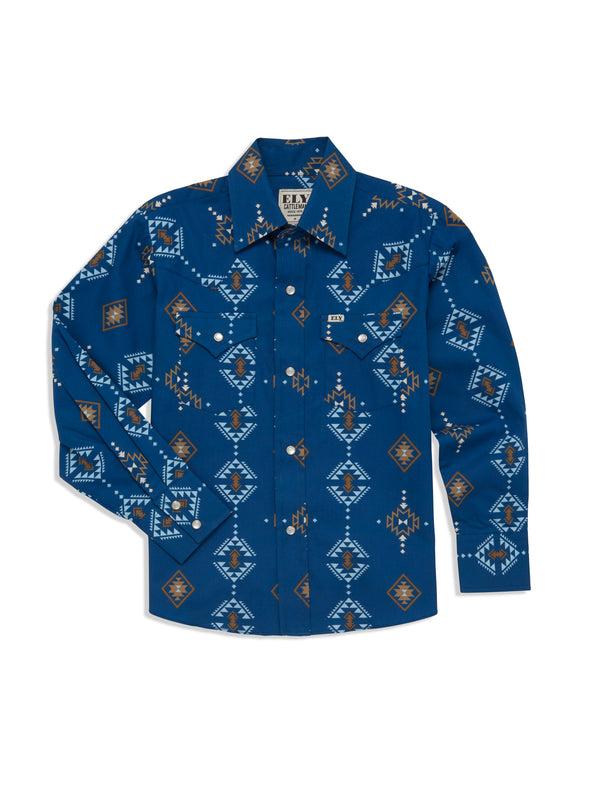 ely cattleman Boy's Ely Cattleman Long Sleeve Textured Southwestern Print Snap Shirt- Indigo & White