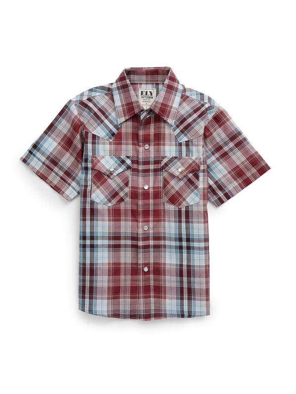 ely cattleman Boy's Ely Cattleman Short Sleeve Burgundy Plaid Western Snap Shirt