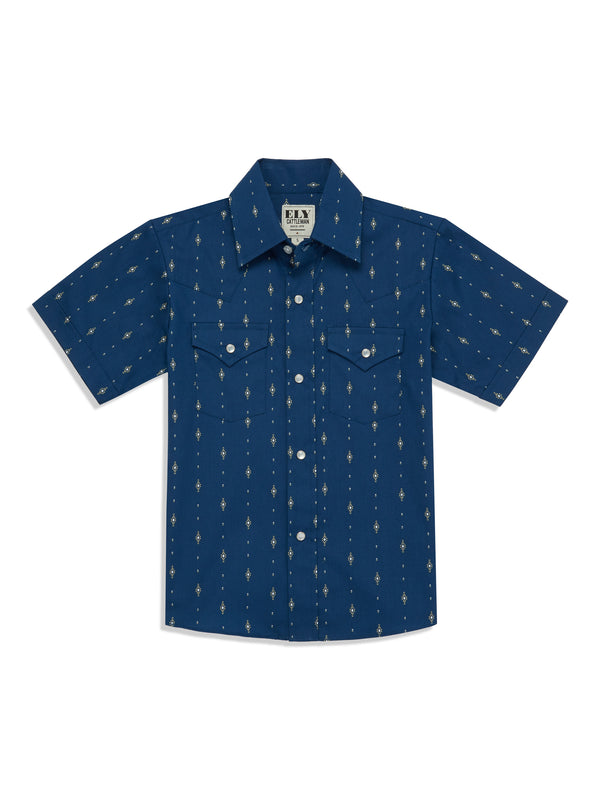 Ely Cattleman Boy's Ely Cattleman Short Sleeve Diamond Aztec Print Snap Shirt- Navy & White