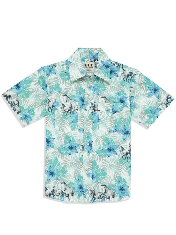 Ely Cattleman Boy's Ely Cattleman Short Sleeve Hawaiian Horse Print Snap Shirt- Tan & Ecru