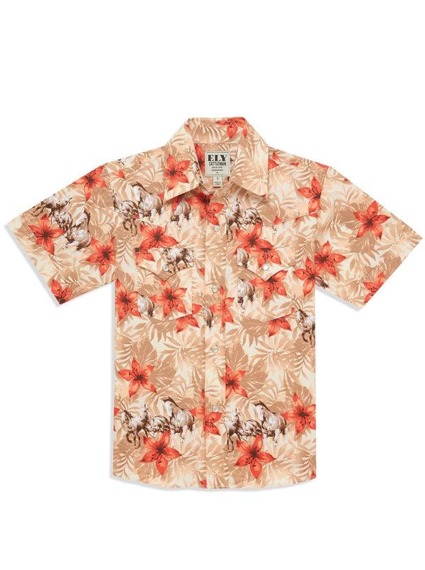 ely cattleman Boy's Ely Cattleman Short Sleeve Hawaiian Horse Print Snap Shirt- Tan & Ecru