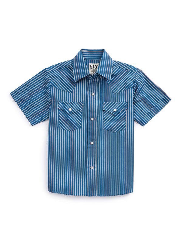 ely cattleman Boy's Ely Cattleman Short Sleeve Stripe Western Snap Shirt - Navy