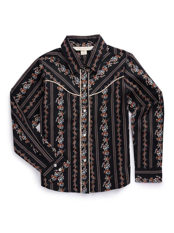 ely cattleman Girl's Ely Cattleman Black Wallpaper Floral Print Western Snap Shirt