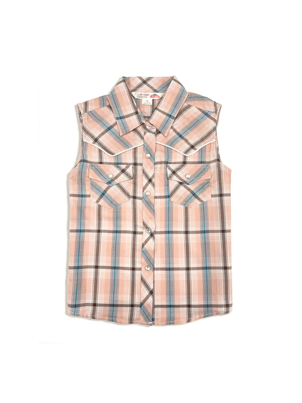 ely cattleman Girl's Ely Cattleman Peach Plaid Sleeveless Shirt