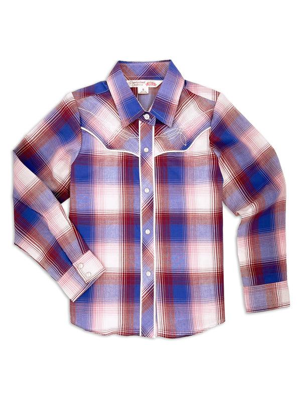 ely cattleman Girl's Ely Cattleman Plaid Western Snap Shirt with Bootstitch Embroidery