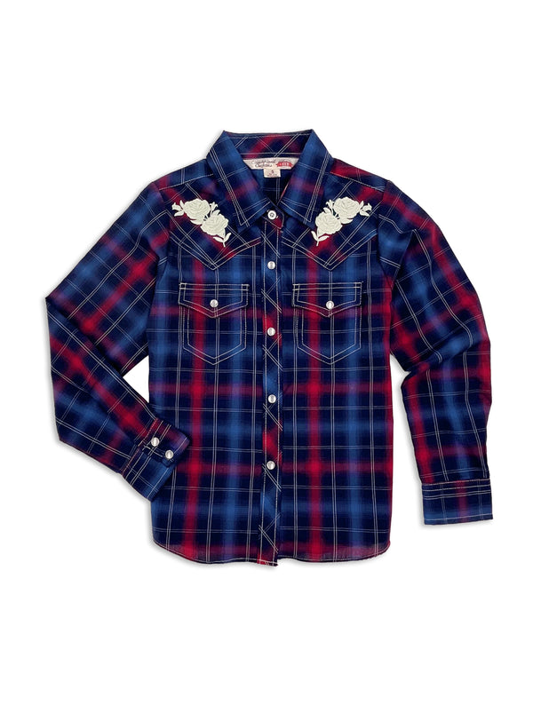ely cattleman Girl's Ely Cattleman Plaid Western Snap Shirt with Rose Embroidery