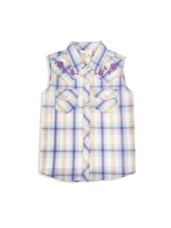 ely cattleman Girl's Ely Cattleman Plaid with Floral Embroidery Sleeveless Shirt