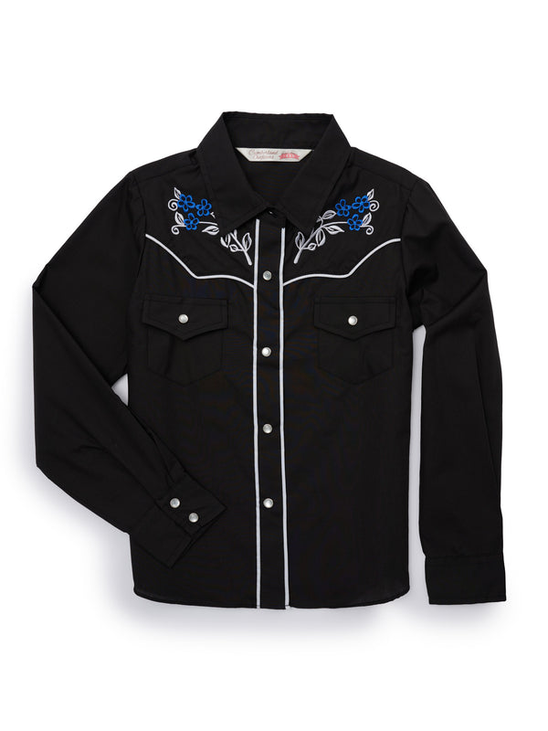 ely cattleman Girl's Ely Cattleman Solid Black Western Snap Shirt with Floral Embroidery